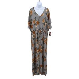 Hint Of Blush Black White Multi Floral V-Neck Jumpsuit Womens 2X Short Sleeves